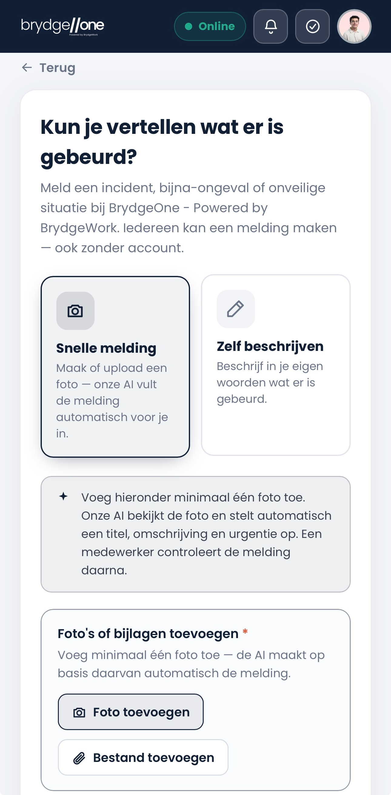 Melden met alleen een foto in de BrydgeOne webapp